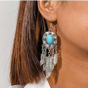 Silver and Turquoise Feather Dangle Earrings